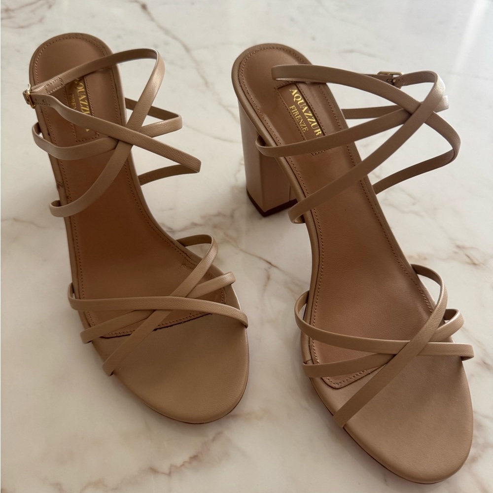 Gorgeous Aquazzura strappy sandal, nude color, 39.5 (size 9.5), 3.5” block heel.